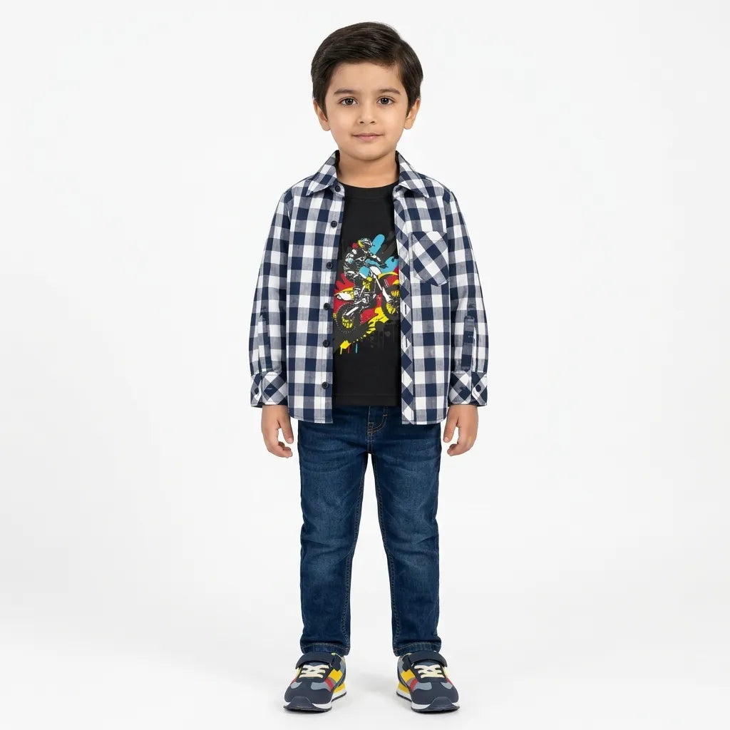 Boys Cotton Double Shirt Black Check with Bike Rider Print (Size 1 - 12 Years)