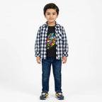 Boys Cotton Double Shirt Black Check with Bike Rider Print (Size 1 - 12 Years)