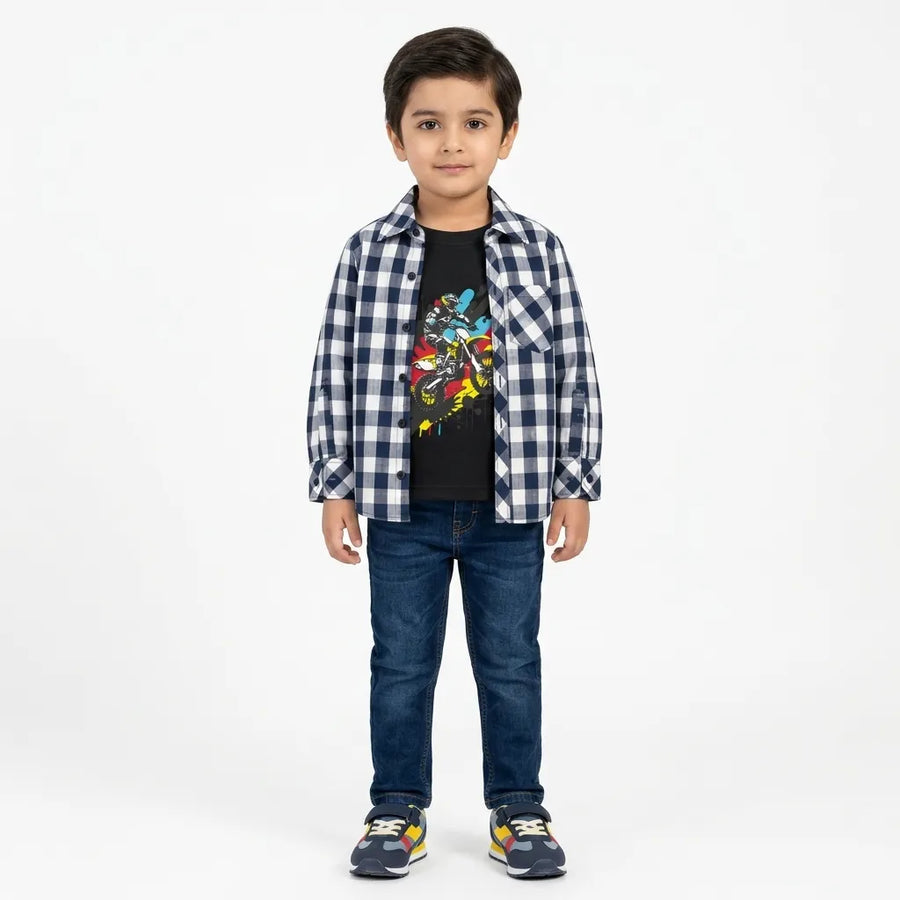 Boys Cotton Double Shirt Black Check with Bike Rider Print (Size 1 - 12 Years)