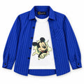 Boy wearing a blue cotton double shirt with Mickey Mouse print from Lil' Cubs, suitable for ages 1 to 12 years.