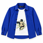 Boy wearing a blue cotton double shirt with Mickey Mouse print from Lil' Cubs, suitable for ages 1 to 12 years.