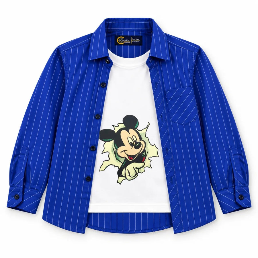 Boys Cotton Double Shirt Blue Lining with Mickey Print (Size 1 - 12 Years)