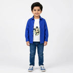 Boy wearing Lil' Cubs cotton double shirt with blue lining and Mickey print, suitable for ages 1 to 12 years.