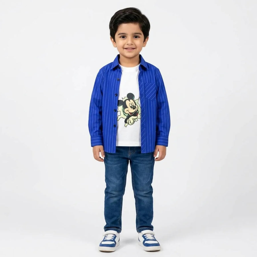 Boys Cotton Double Shirt Blue Lining with Mickey Print (Size 1 - 12 Years)