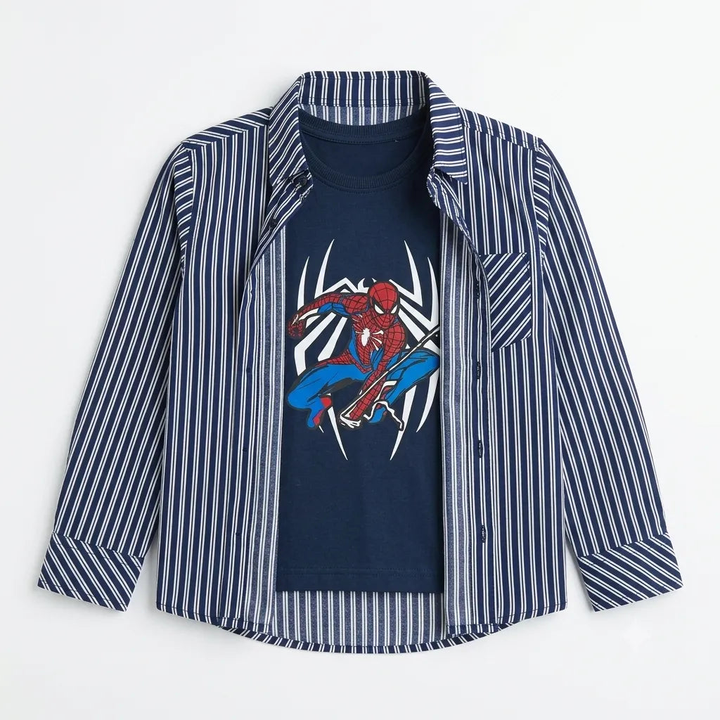 Boys Cotton Double Shirt Blue Lining with Spider Print (Size 1 - 12 Years)