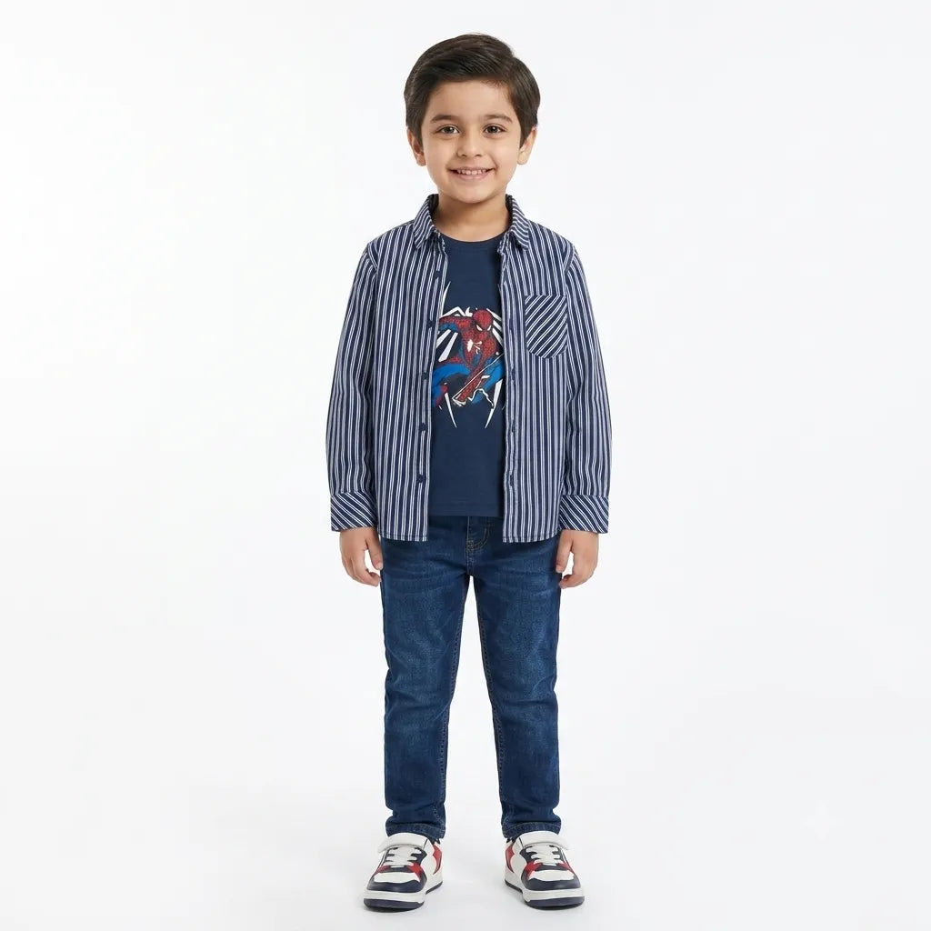 Boys Cotton Double Shirt Blue Lining with Spider Print (Size 1 - 12 Years)