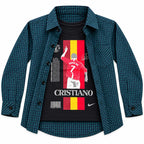 Boys Cotton Double Shirt Dark Green Check with Cristiano Print (Size 1-12 Years)