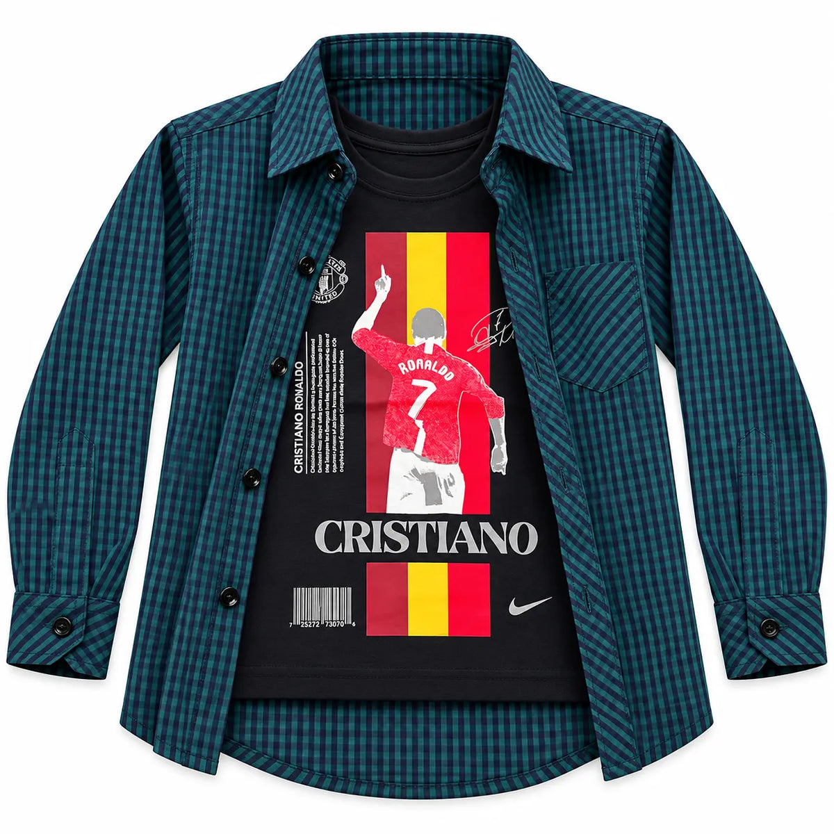 Boys Cotton Double Shirt Dark Green Check with Cristiano Print (Size 1-12 Years)