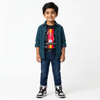 Boys Cotton Double Shirt Dark Green Check with Cristiano Print (Size 1-12 Years)