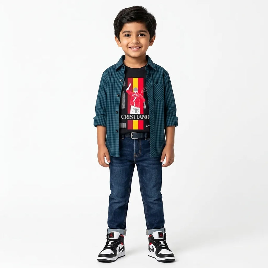 Boys Cotton Double Shirt Dark Green Check with Cristiano Print (Size 1-12 Years)