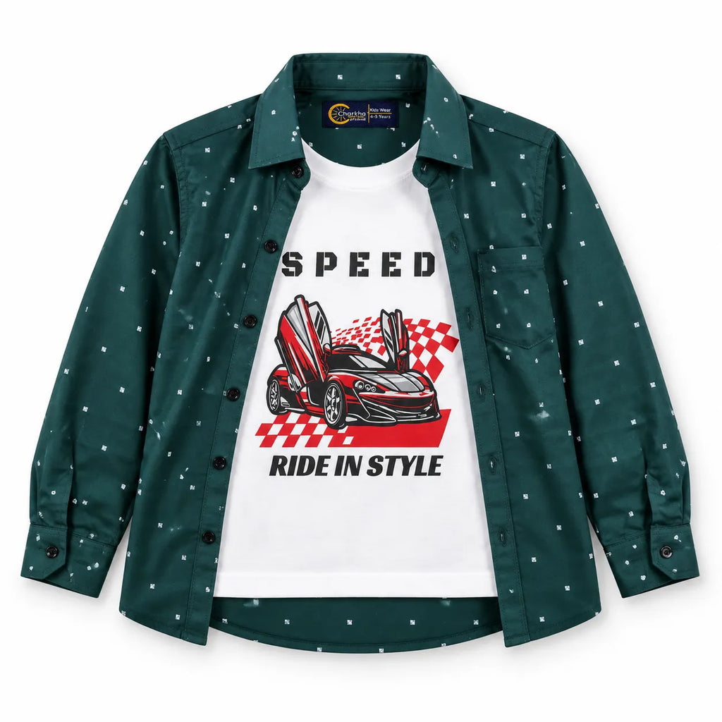Boys Cotton Double Shirt Dark Green with Speed Print (Size 1 - 12 Years)