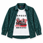 Dark green boys' cotton double shirt with speed print from Lil' Cubs, suitable for ages 1 to 12 years.