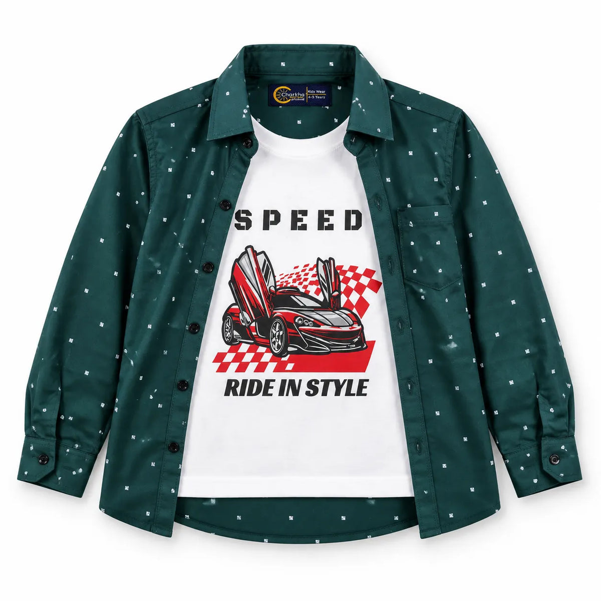 Boys Cotton Double Shirt Dark Green with Speed Print (Size 1 - 12 Years)