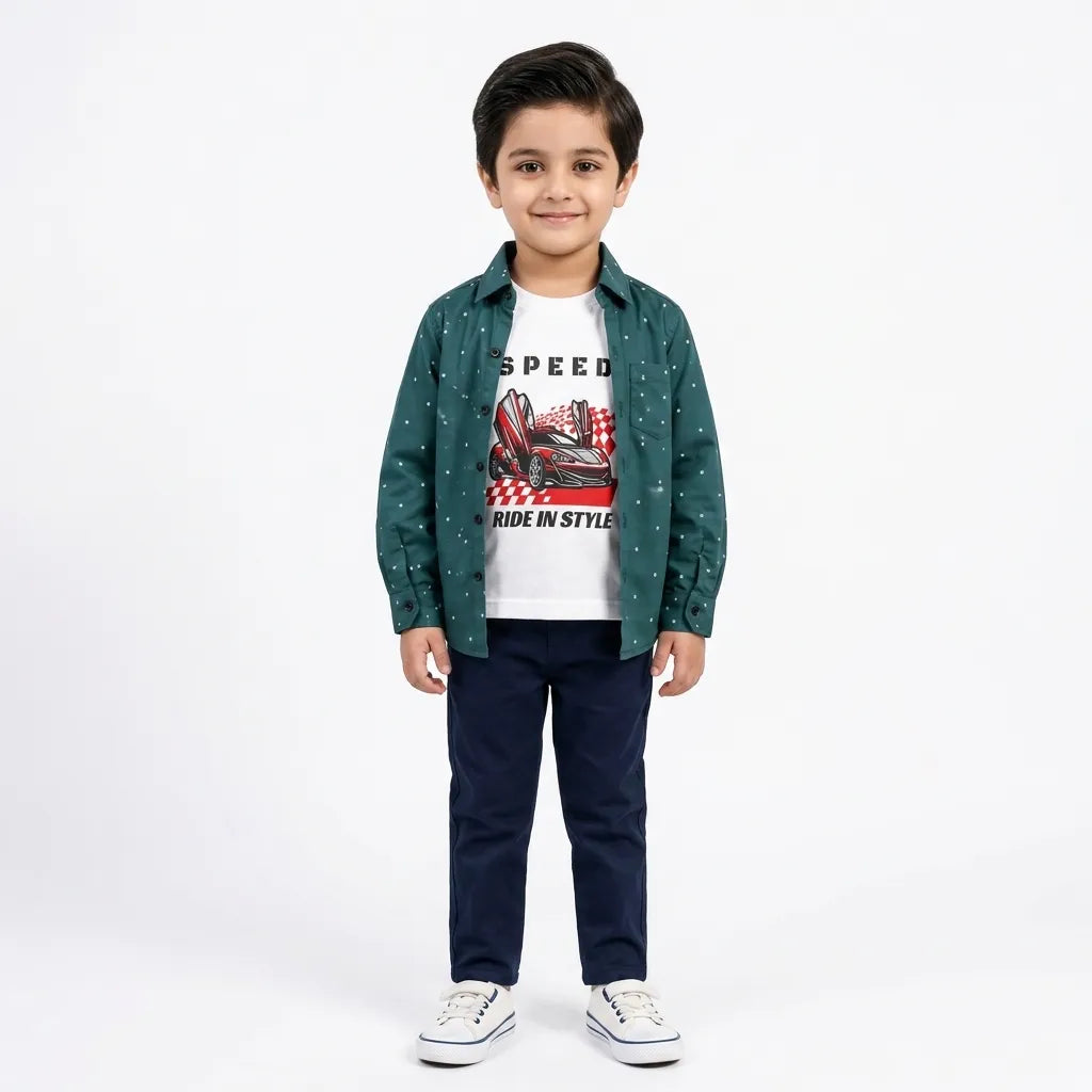 Boys Cotton Double Shirt Dark Green with Speed Print (Size 1 - 12 Years)