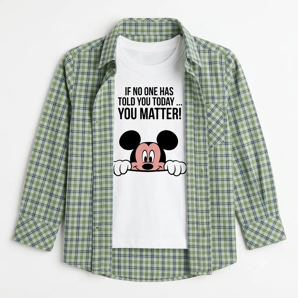 Boys Cotton Double Shirt Green Check with Mickey Print (Size 1 - 12 Years)