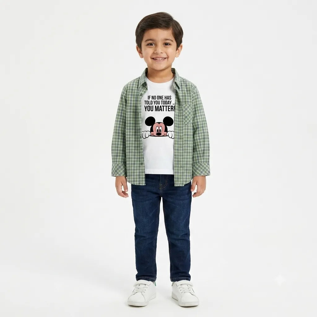 Boys Cotton Double Shirt Green Check with Mickey Print (Size 1 - 12 Years)