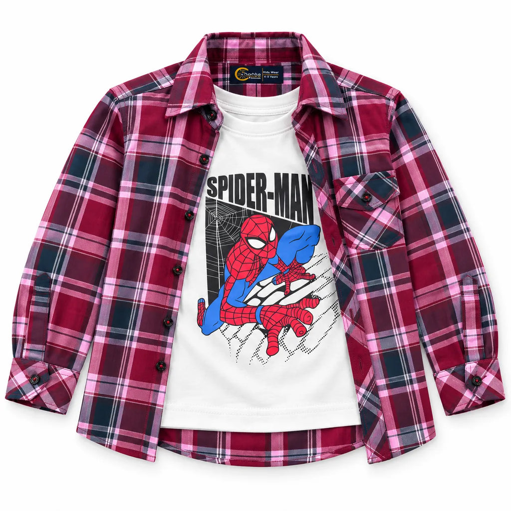 Boys Cotton Double Shirt Maroon Check with Spider Print (Size 1-12 Years)
