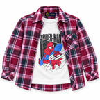 Boys Cotton Double Shirt Maroon Check with Spider Print (Size 1-12 Years)