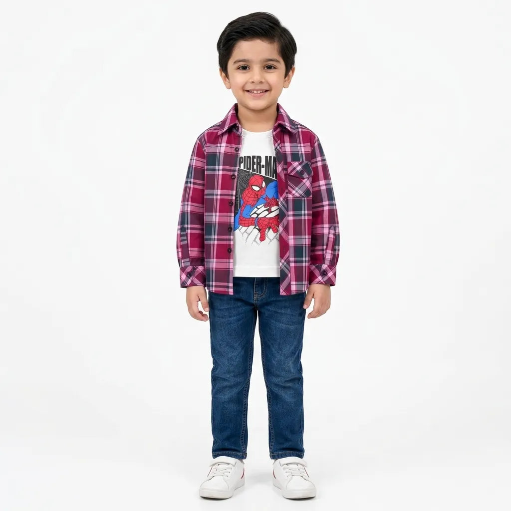 Boys Cotton Double Shirt Maroon Check with Spider Print (Size 1-12 Years)