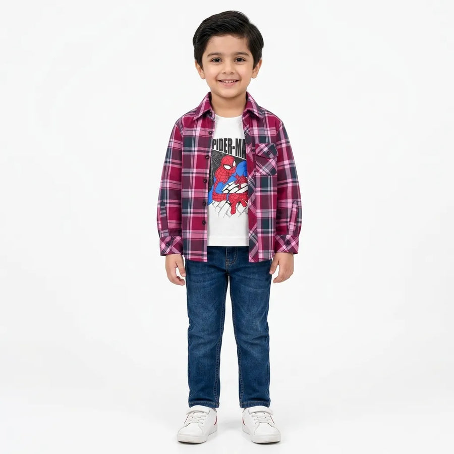 Boys Cotton Double Shirt Maroon Check with Spider Print (Size 1-12 Years)