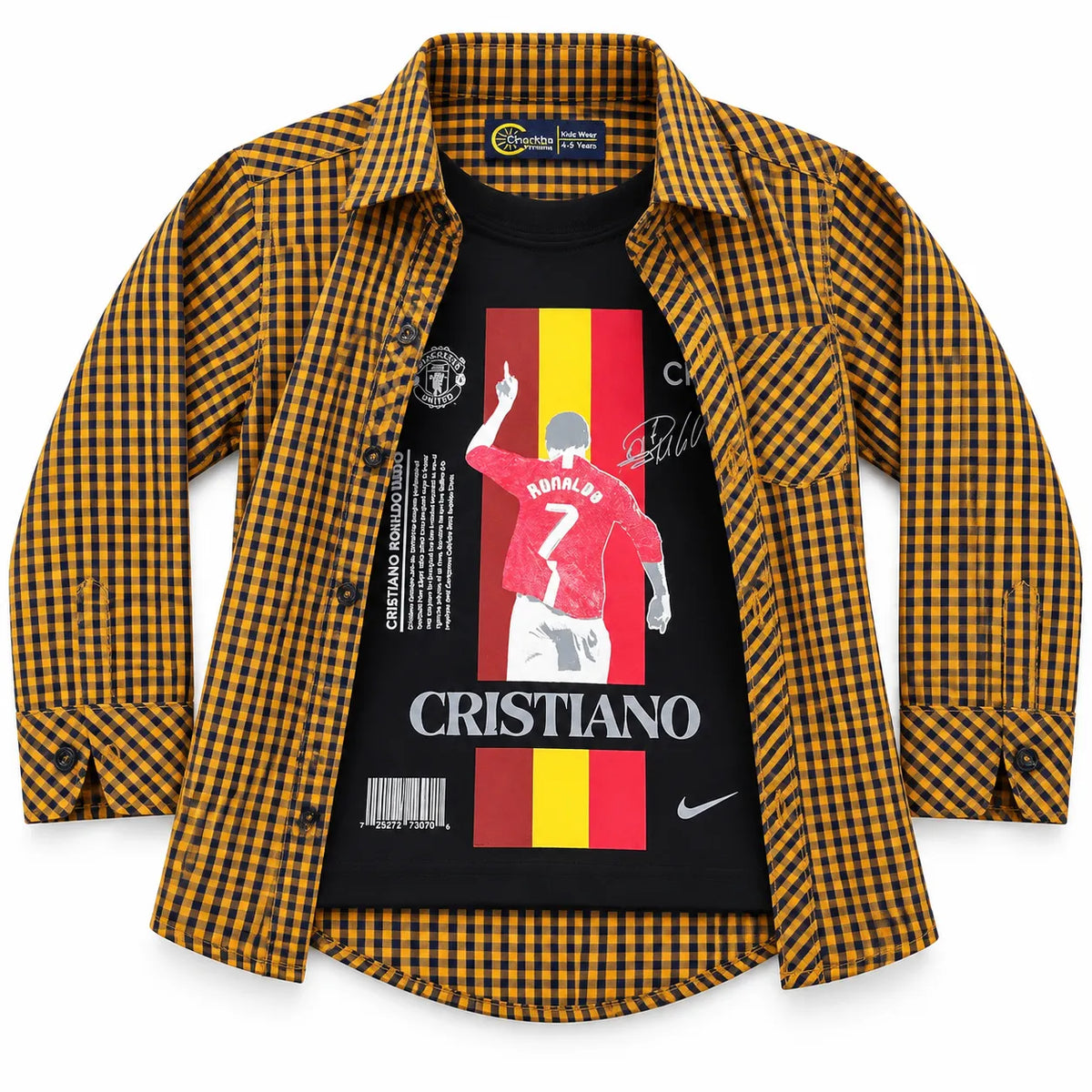 Boys Cotton Double Shirt Mustard Check with Cristiano Print (Size 1 - 12 Years)