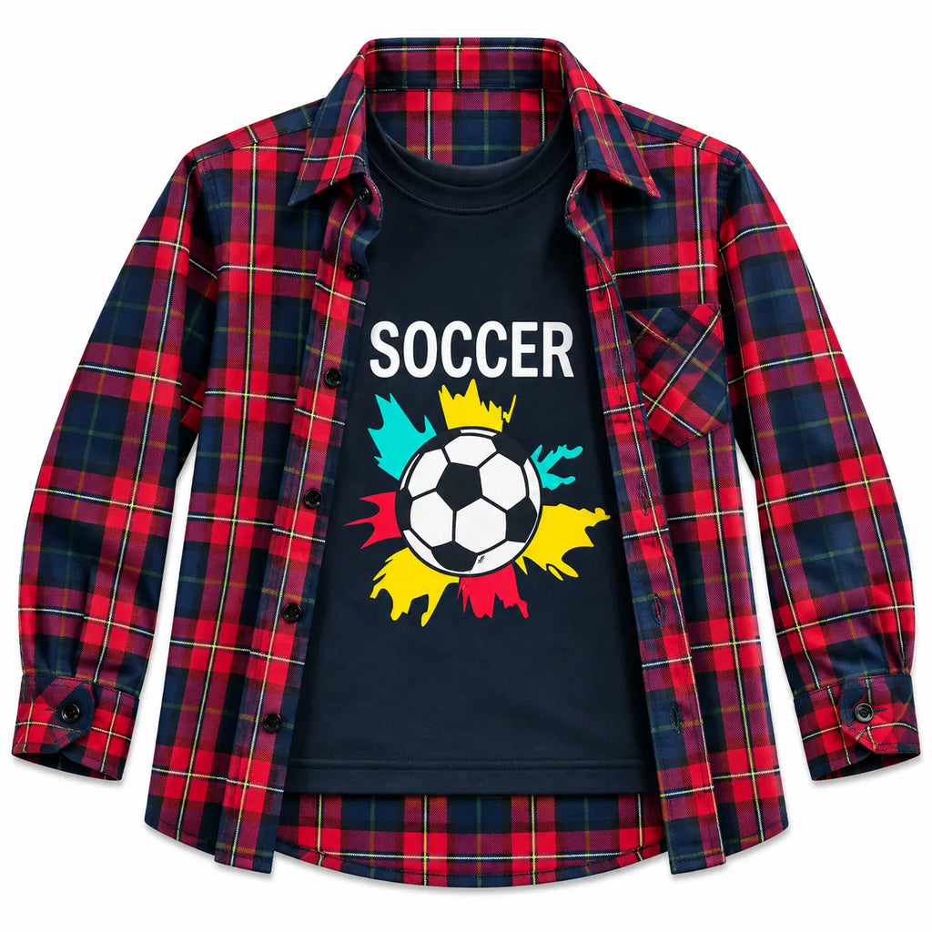 Boys Cotton Double Shirt Navy Blue & Red with Soccer Print (Size 1 - 12 Years)