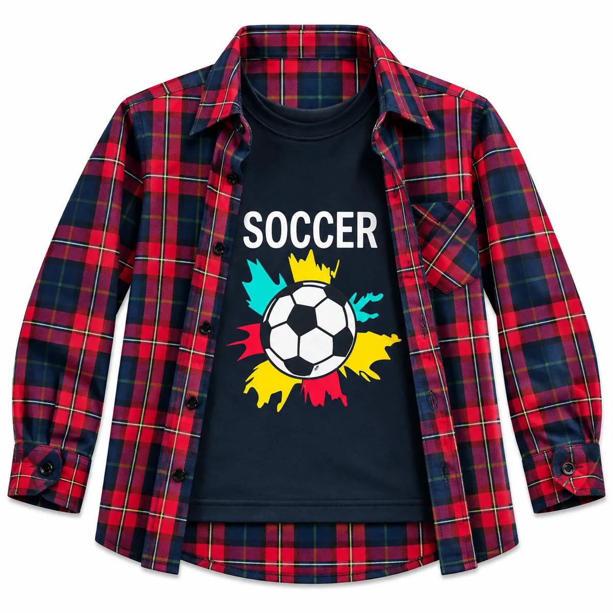 Boys Cotton Double Shirt Navy Blue & Red with Soccer Print (Size 1 - 12 Years)