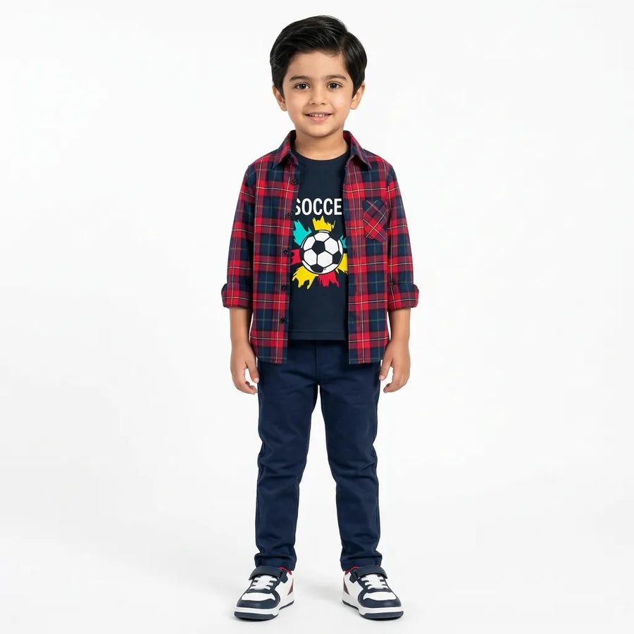 Boys Cotton Double Shirt Navy Blue & Red with Soccer Print (Size 1 - 12 Years)