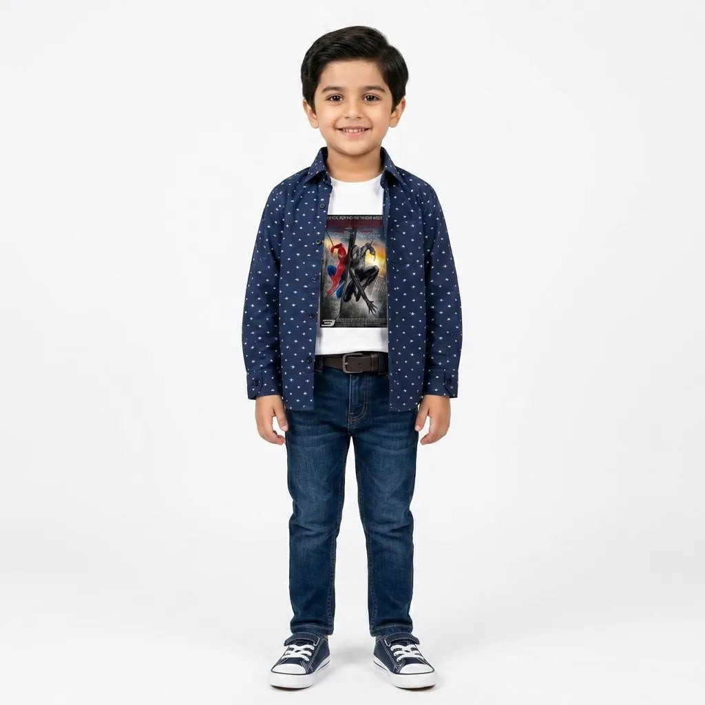 Boys Cotton Double Shirt Navy Blue with Spiderman Print (Size 1 - 12 Years)