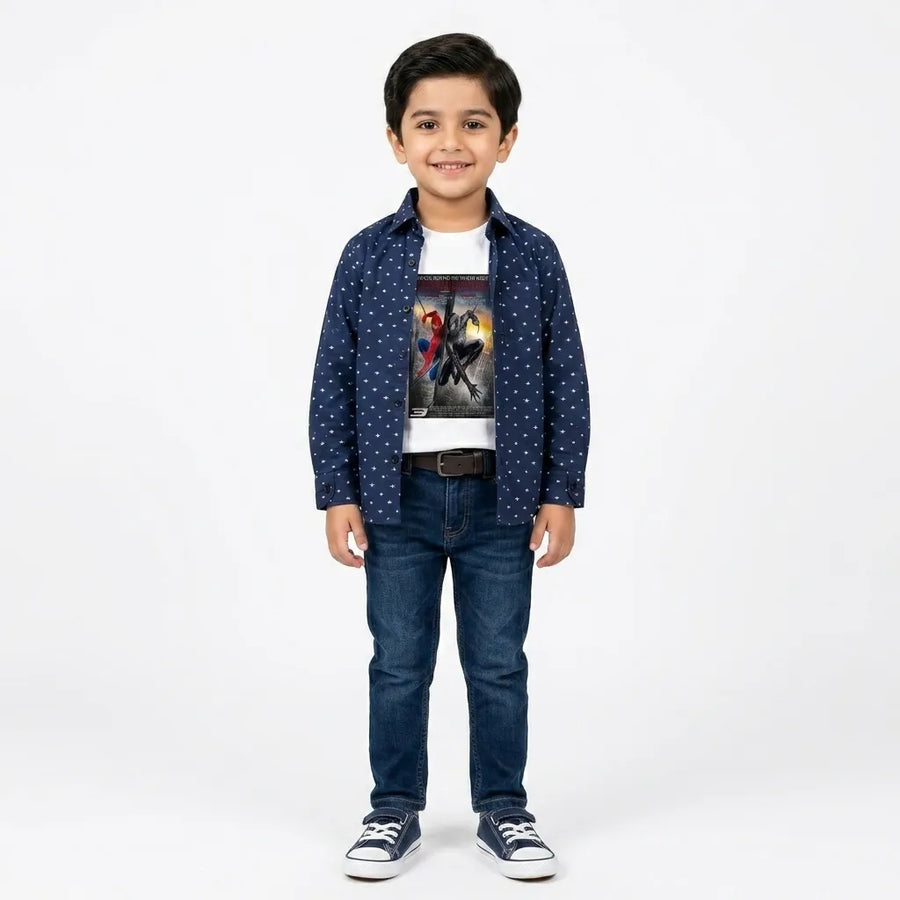 Boys Cotton Double Shirt Navy Blue with Spiderman Print (Size 1 - 12 Years)