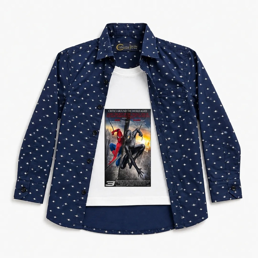 Boys Cotton Double Shirt Navy Blue with Spiderman Print (Size 1 - 12 Years)