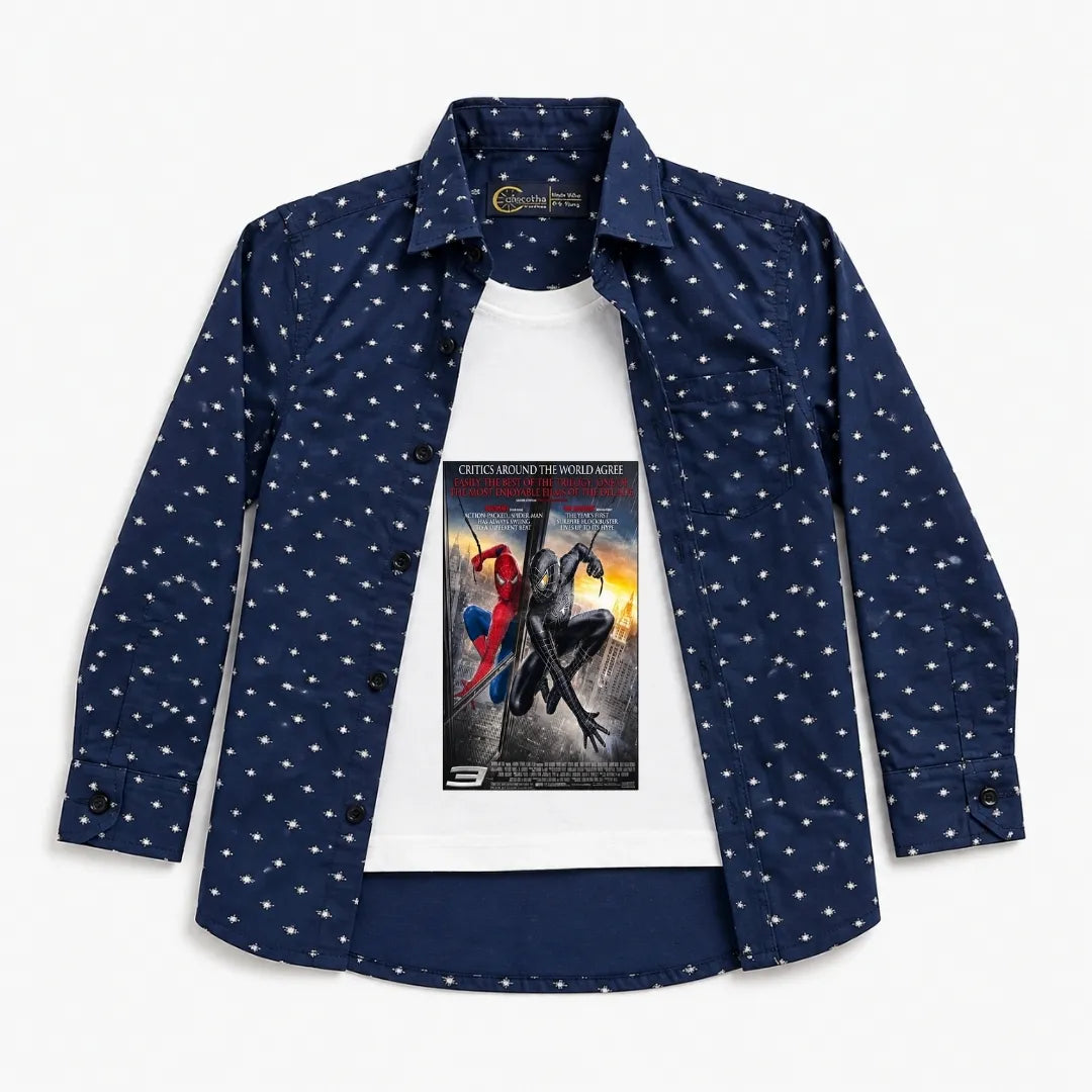 Boys Cotton Double Shirt Navy Blue with Spiderman Print (Size 1 - 12 Years)