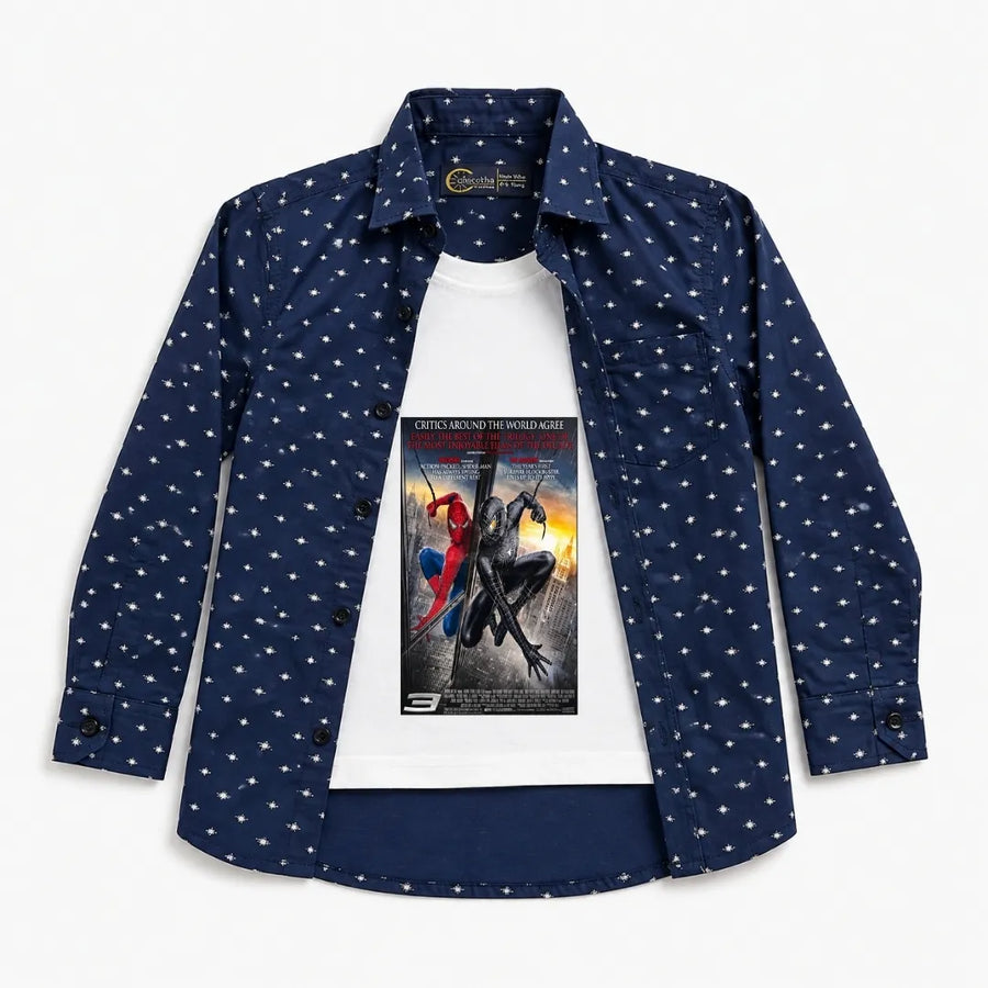 Boys Cotton Double Shirt Navy Blue with Spiderman Print (Size 1 - 12 Years)