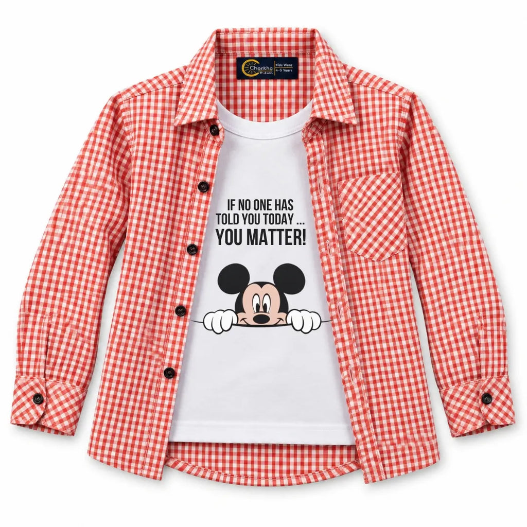 Boys Cotton Double Shirt Orange with Mickey Print (Size 1 - 12 Years)