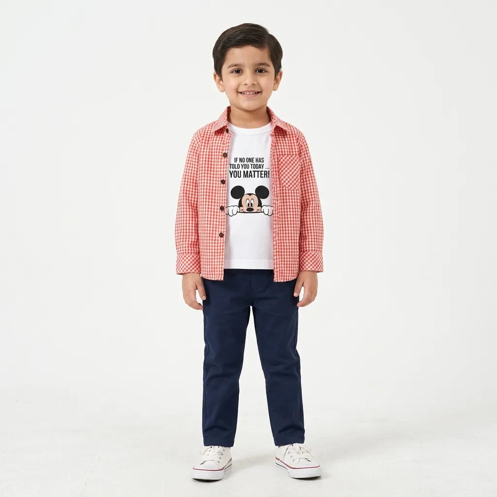 Boys Cotton Double Shirt Orange with Mickey Print (Size 1 - 12 Years)