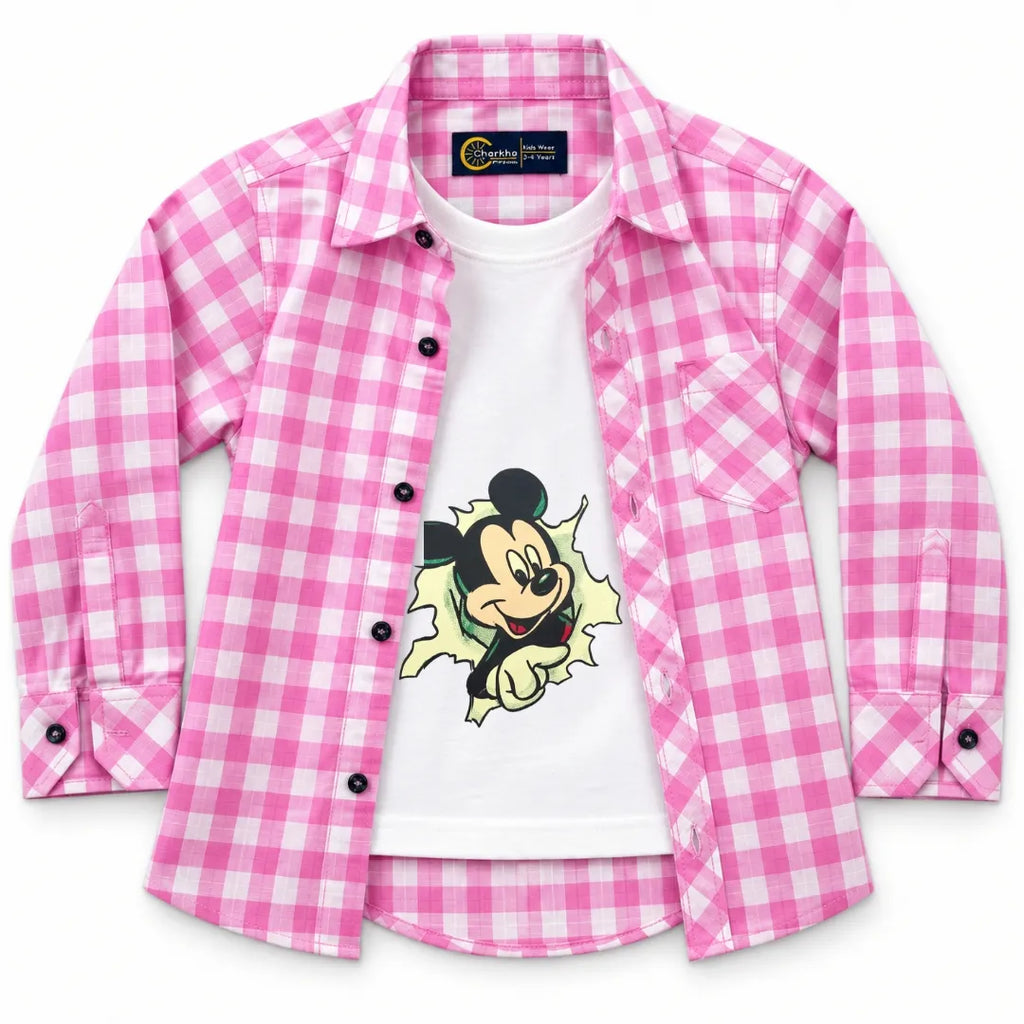 Boys Cotton Double Shirt Pink Check with Mickey Print (Size 1 - 12 Years)
