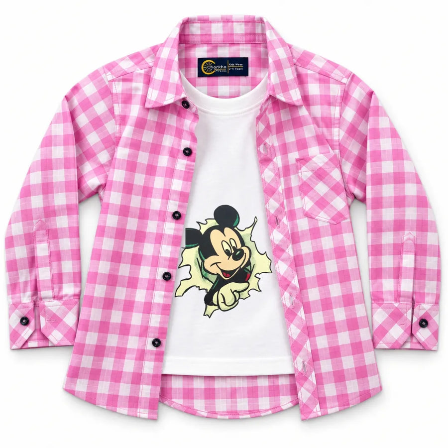 Boys Cotton Double Shirt Pink Check with Mickey Print (Size 1 - 12 Years)