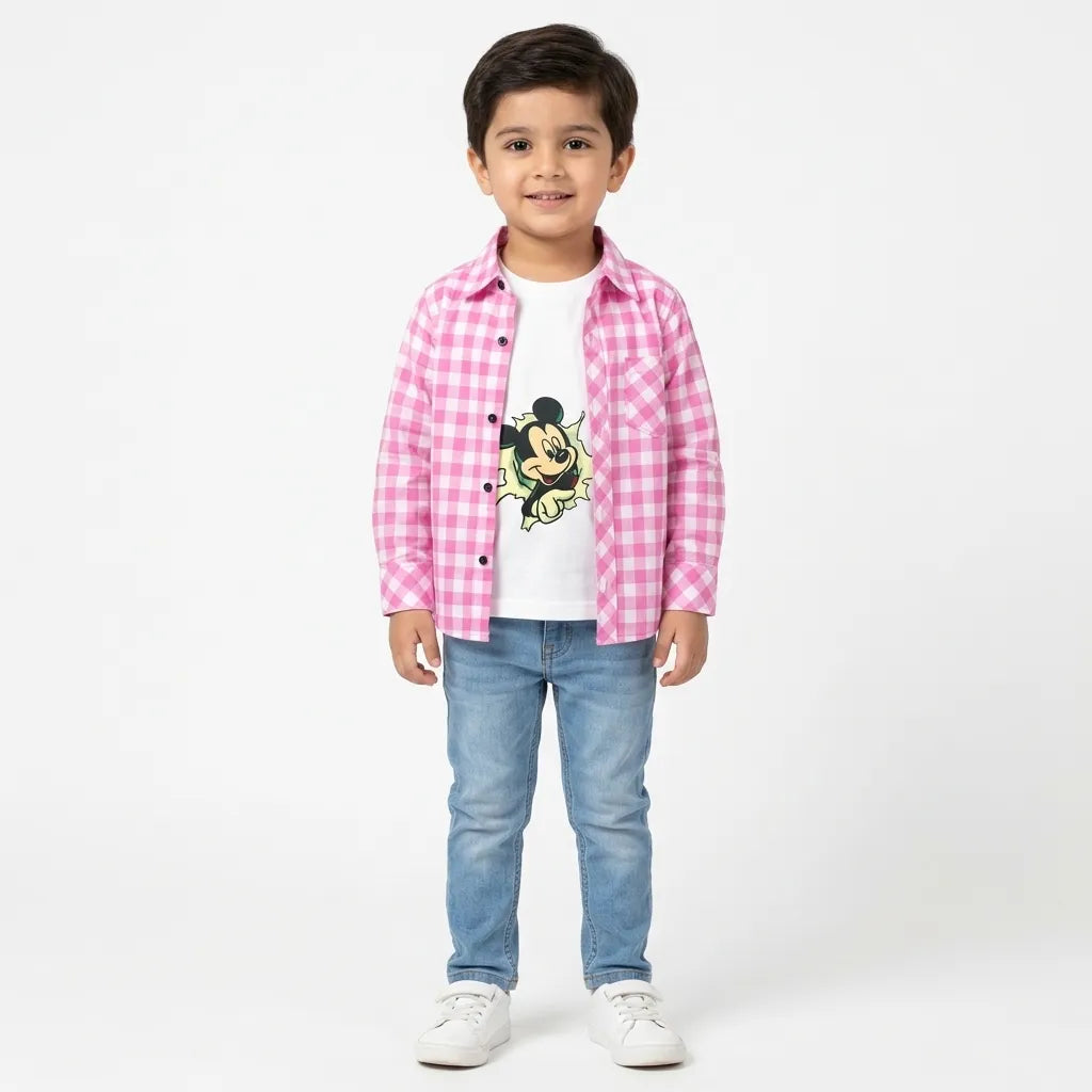 Boys Cotton Double Shirt Pink Check with Mickey Print (Size 1 - 12 Years)