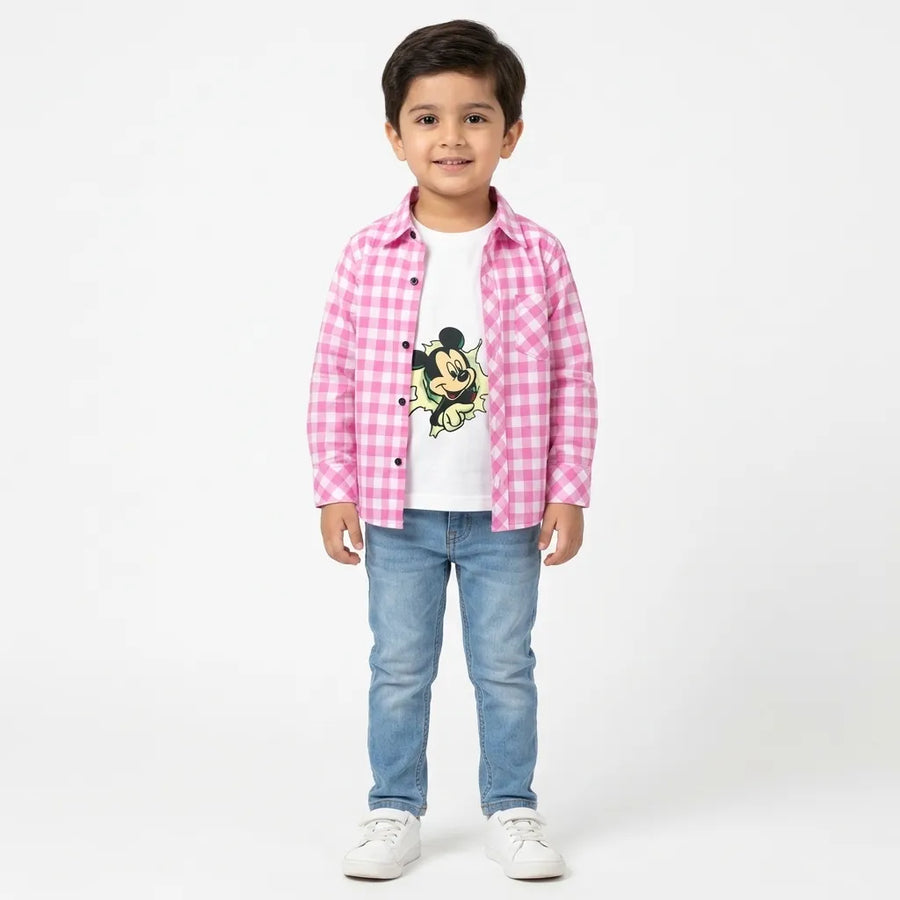 Boys Cotton Double Shirt Pink Check with Mickey Print (Size 1 - 12 Years)
