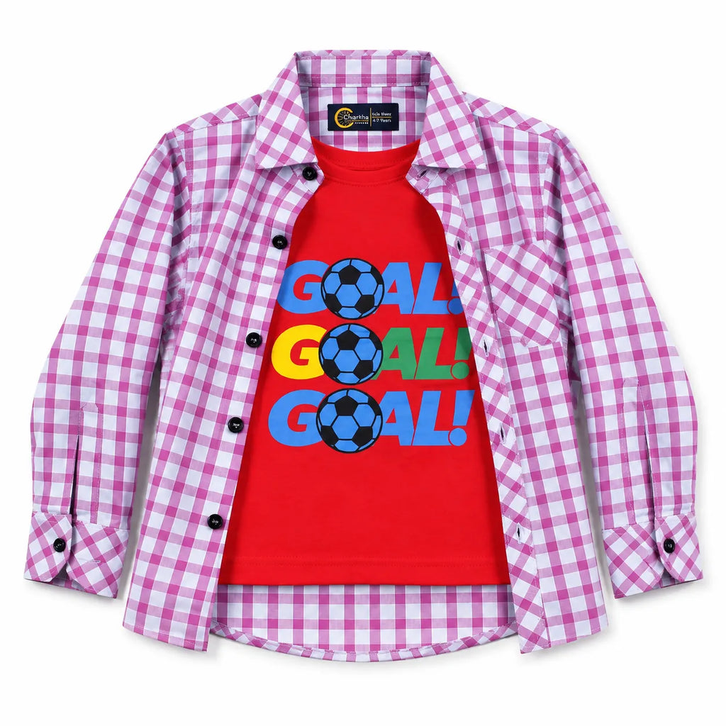 Boys Cotton Double Shirt Pink with Goal Print (Size 1 - 12 Years)