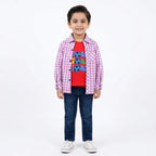 Pink boys' cotton double shirt with goal print from Lil' Cubs, suitable for ages 1 to 12 years, shown in front view.