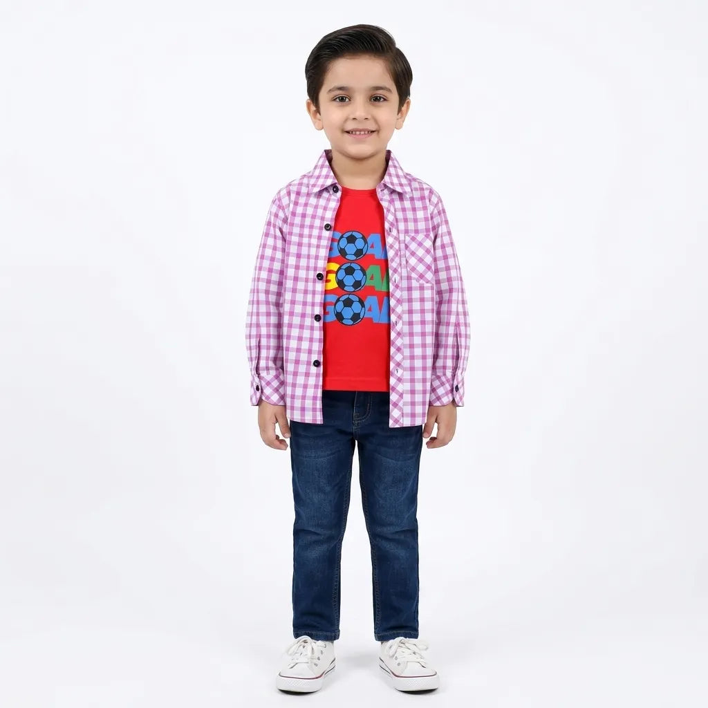 Boys Cotton Double Shirt Pink with Goal Print (Size 1 - 12 Years)