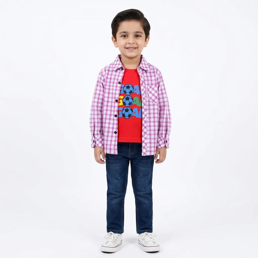 Boys Cotton Double Shirt Pink with Goal Print (Size 1 - 12 Years)