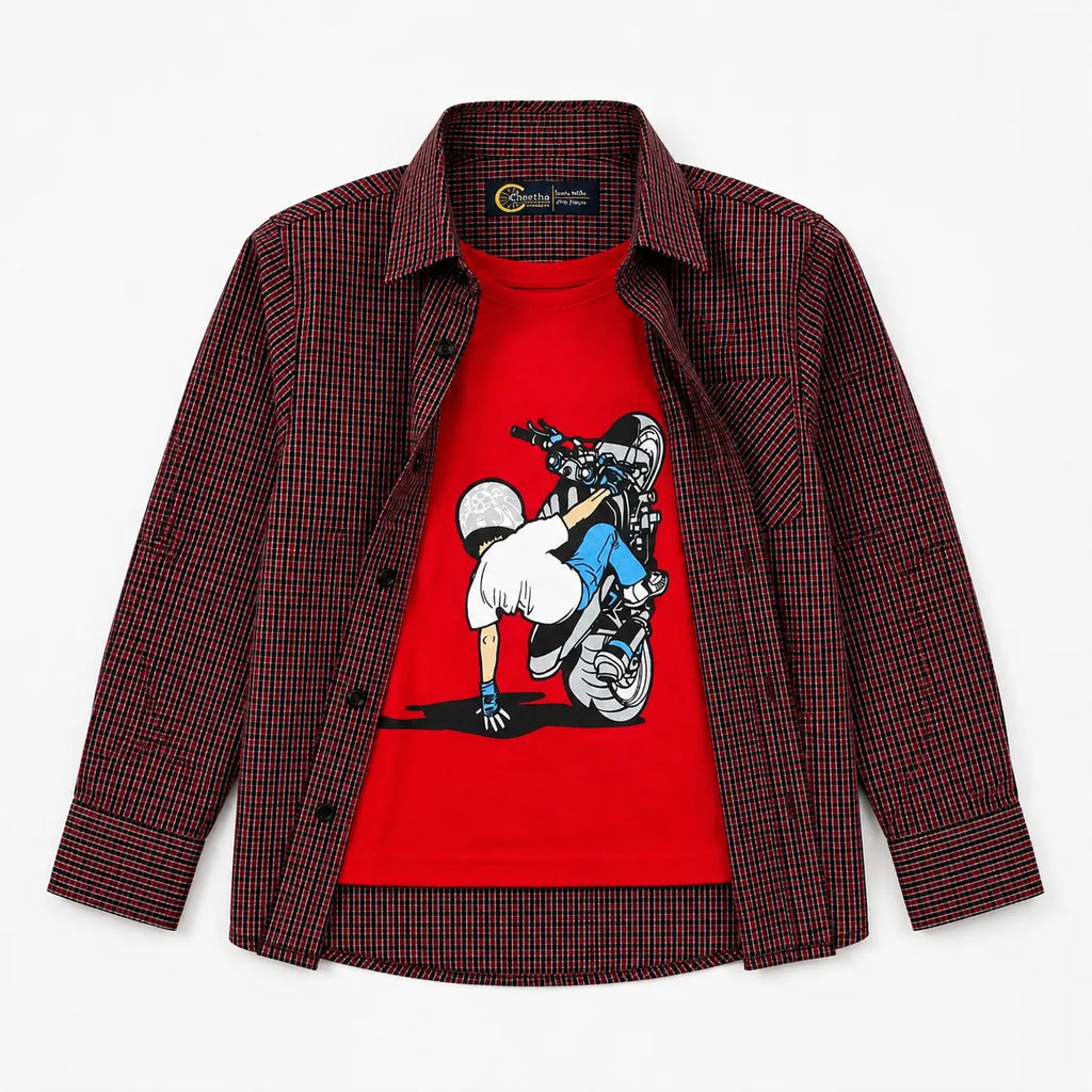 Boys Cotton Double Shirt Red & Blue with Bike Rider Print (Size 1 - 12 Years)
