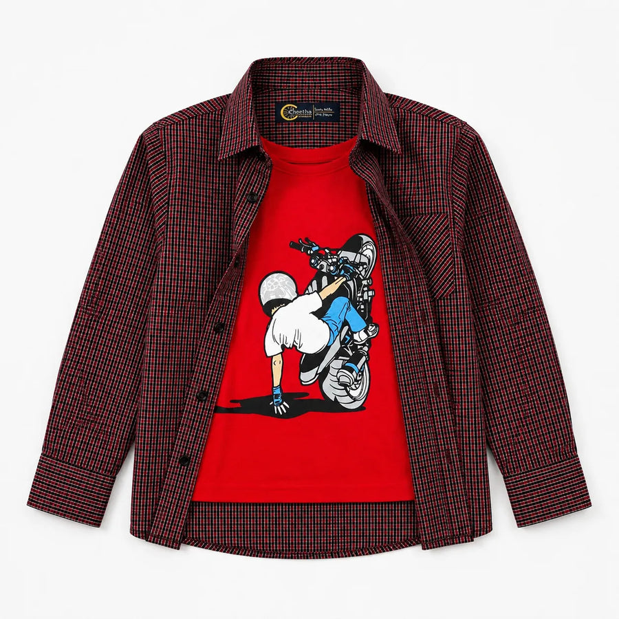 Boys Cotton Double Shirt Red & Blue with Bike Rider Print (Size 1 - 12 Years)