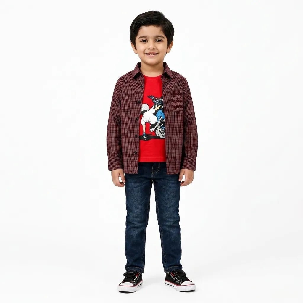 Boys Cotton Double Shirt Red & Blue with Bike Rider Print (Size 1 - 12 Years)