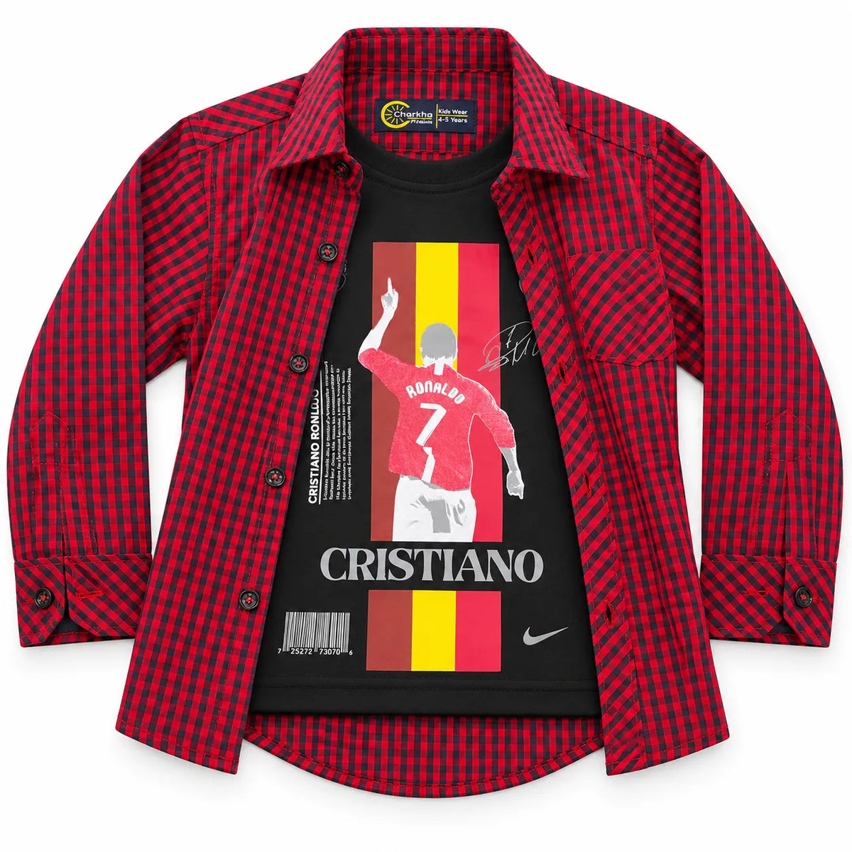 Boys Cotton Double Shirt Red Check with Cristiano Print (Size 1-12 Years)