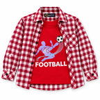 Boys Cotton Double Shirt Red Check with Football Print (Size 1-12 Years)