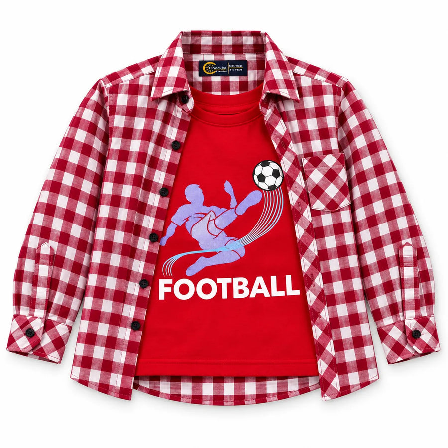 Boys Cotton Double Shirt Red Check with Football Print (Size 1-12 Years)