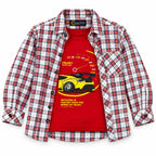 Boys Cotton Double Shirt Red Check with Racing Car Print (Size 1-12 Years)